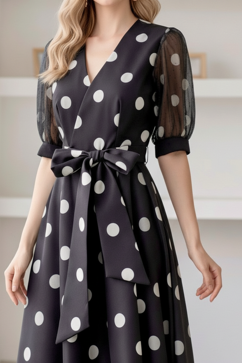 CALLIE - Polka Dot Silk Midi Dress