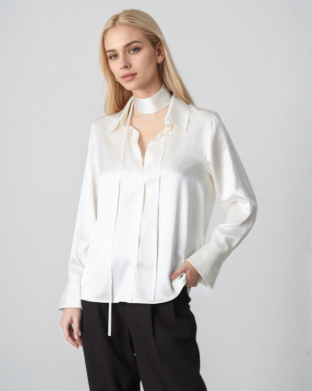 LUCIA – Elegant Tie-Neck Silk Blouse