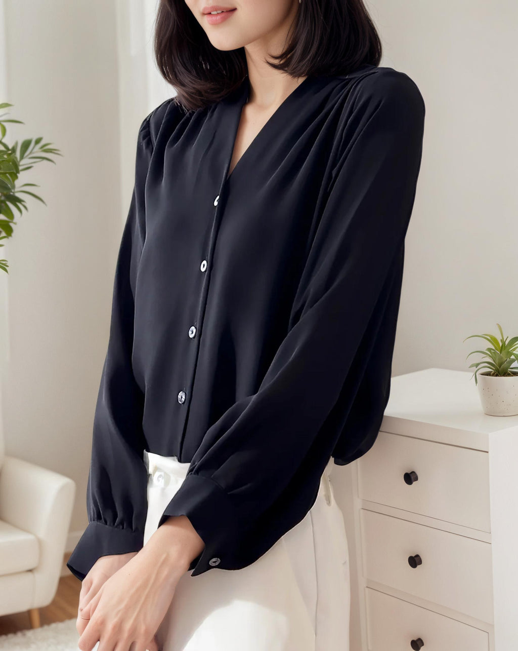 LEILA – Elegant V-Neck Silk Blous