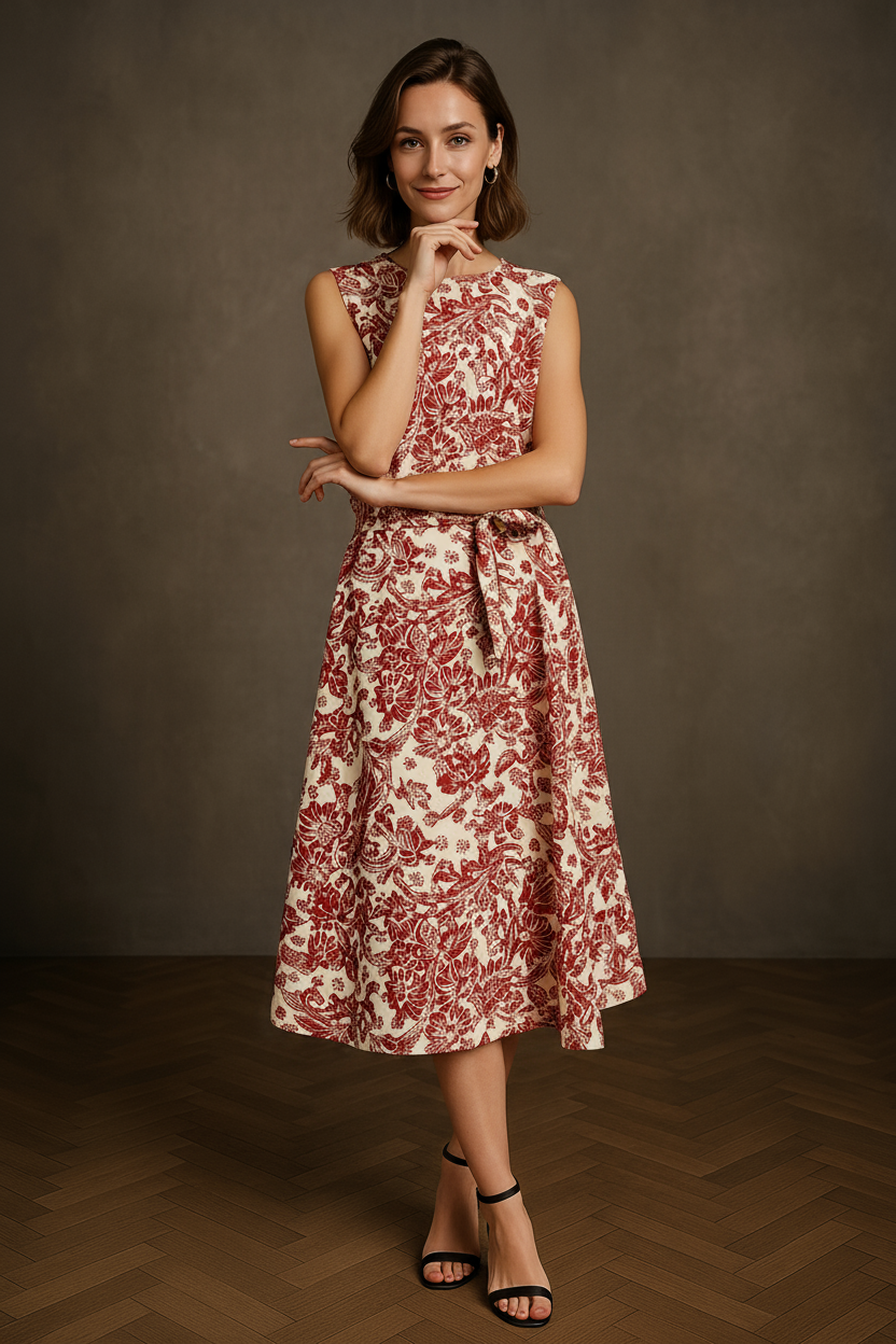 ALYSSA - Terracotta Paisley Silk Midi Dress for Women