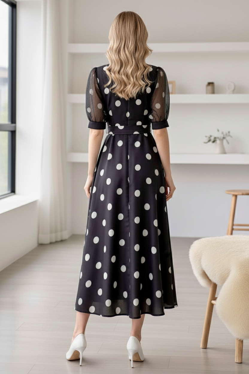 CALLIE - Polka Dot Silk Midi Dress