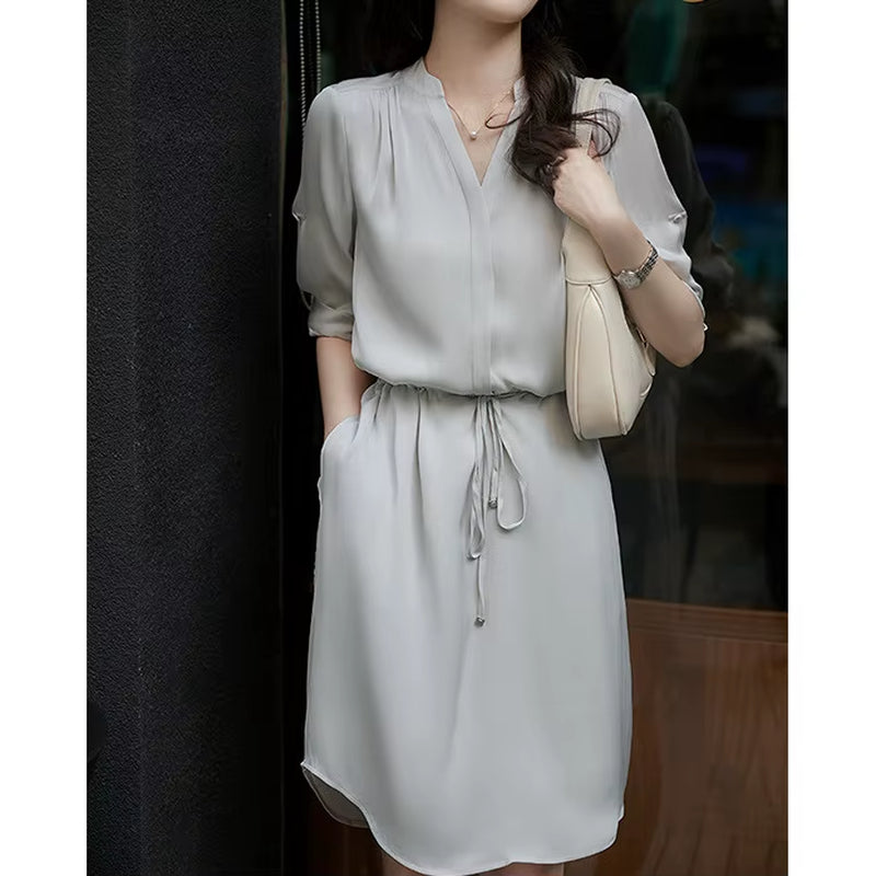 100% Silk Mulberry Silk Dress 2 Color 2024 Summer New Women'S Dress Hangzhou Medium Long Silk Skirt