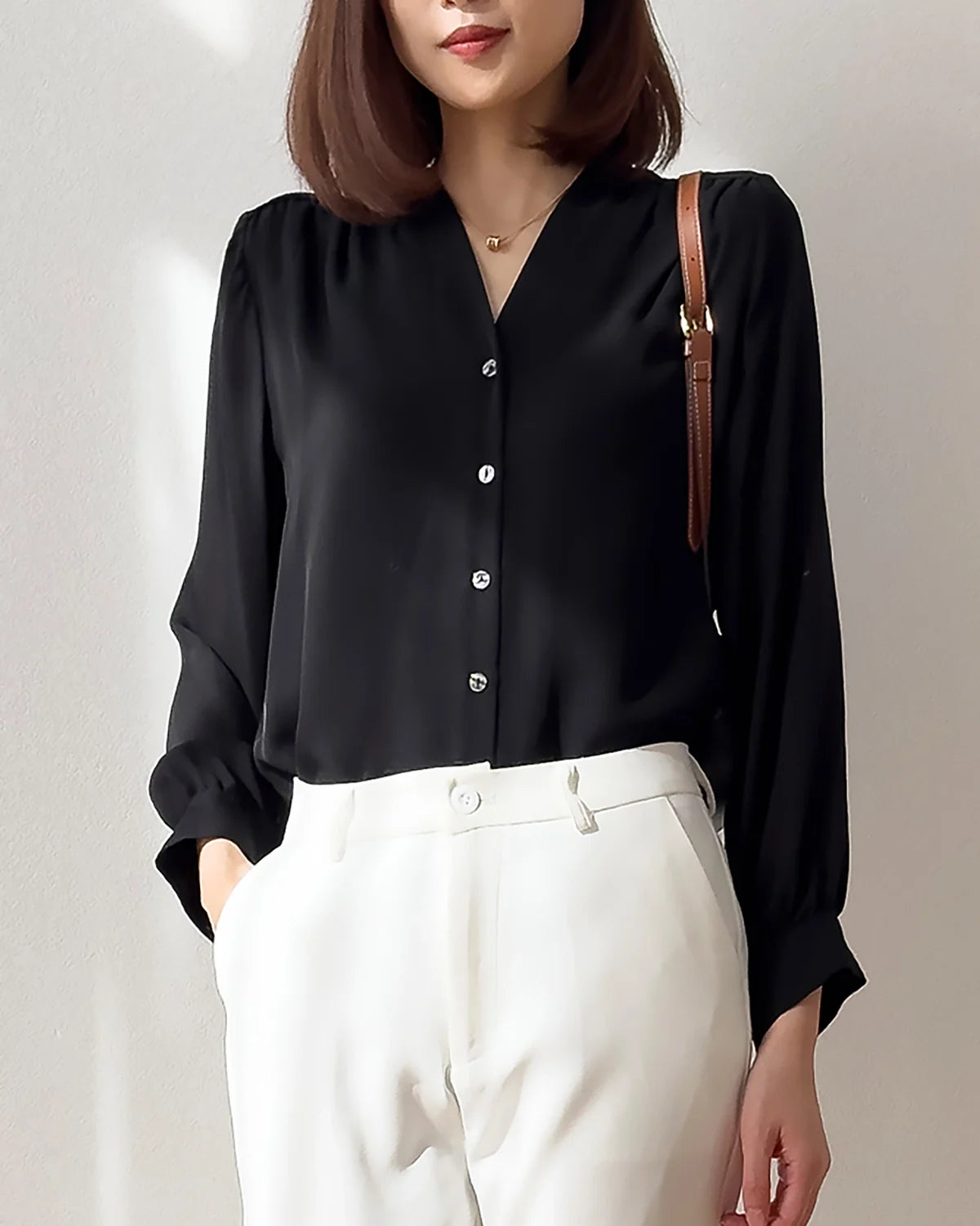 LEILA – Elegant V-Neck Silk Blouse for Women