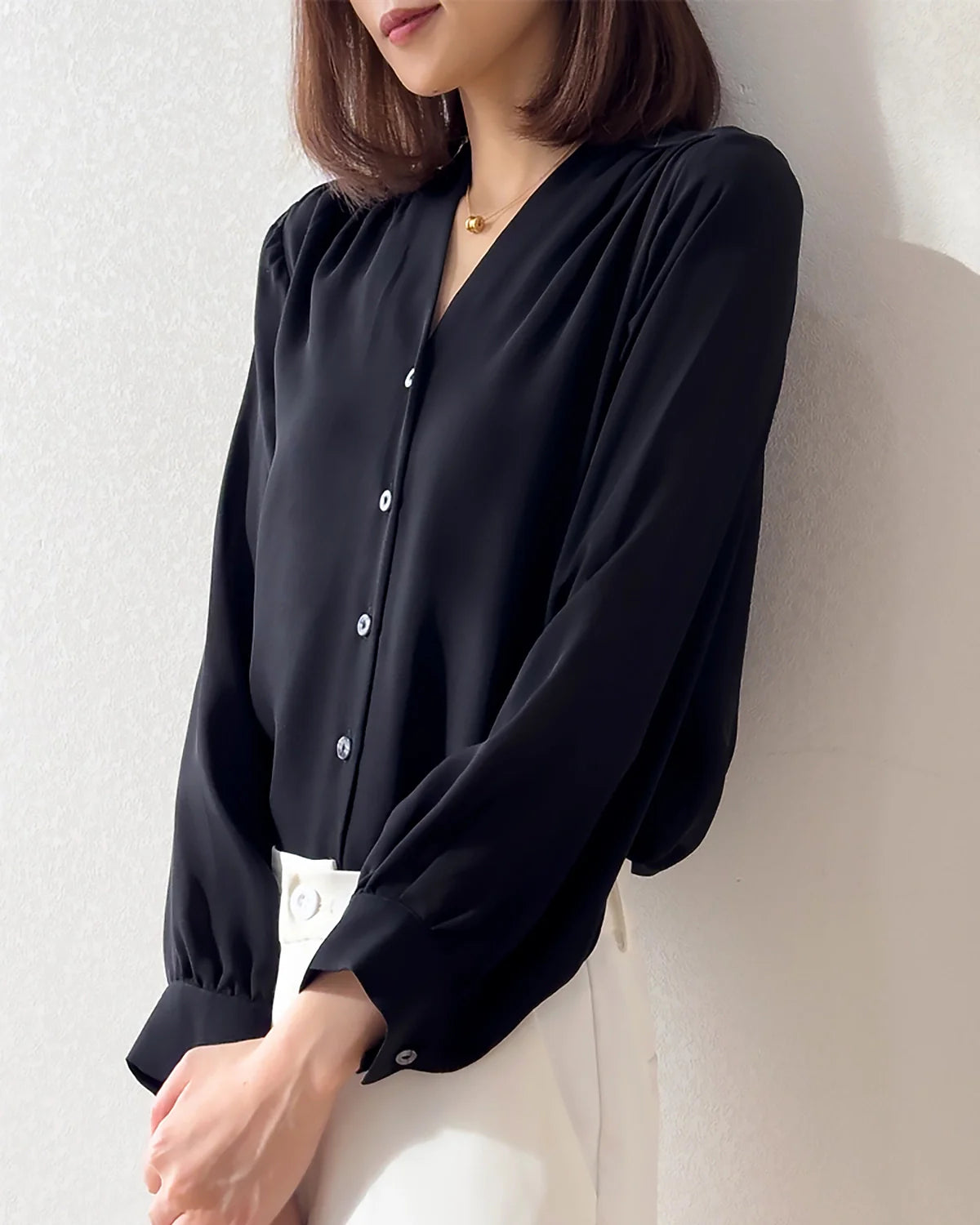 LEILA – Elegant V-Neck Silk Blouse for Women