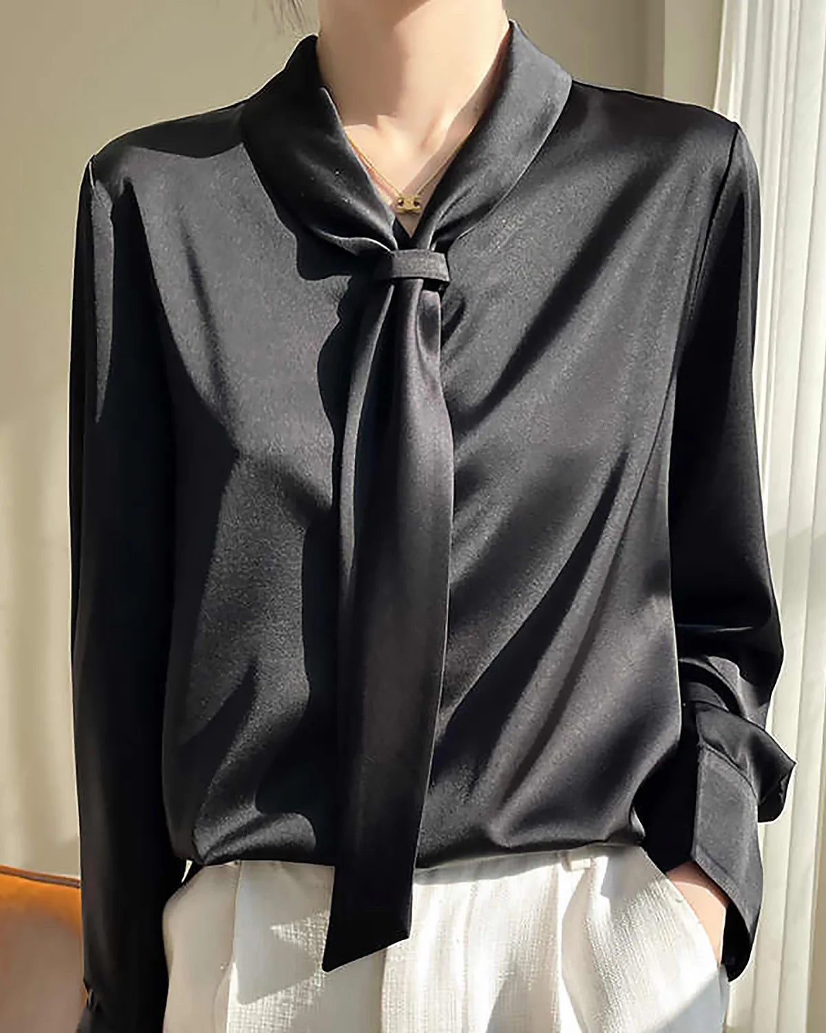 AVA – Elegant Tie-Front Pure Silk Blouse for Women
