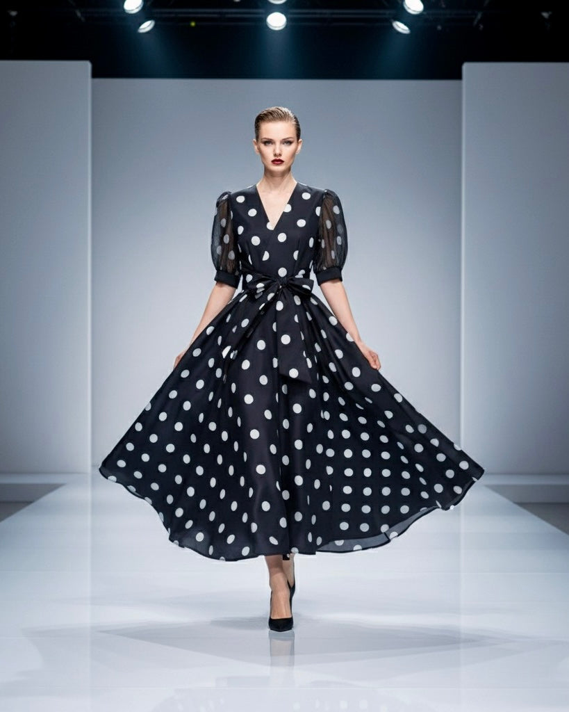 CALLIE - Polka Dot Silk Midi Dress for Women