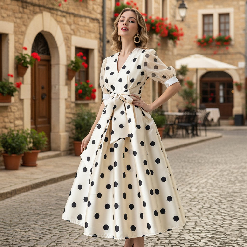 CALLIE - Polka Dot Silk Midi Dress for Women