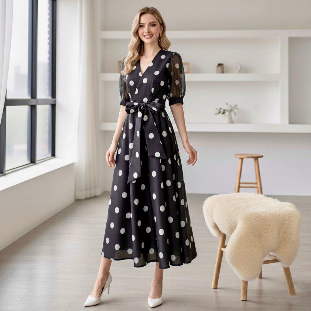 CALLIE - Polka Dot Silk Midi Dress for Women
