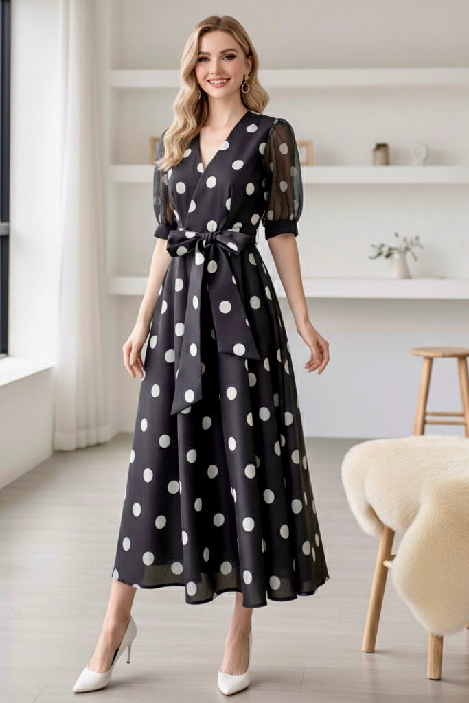CALLIE - Polka Dot Silk Midi Dress for Women