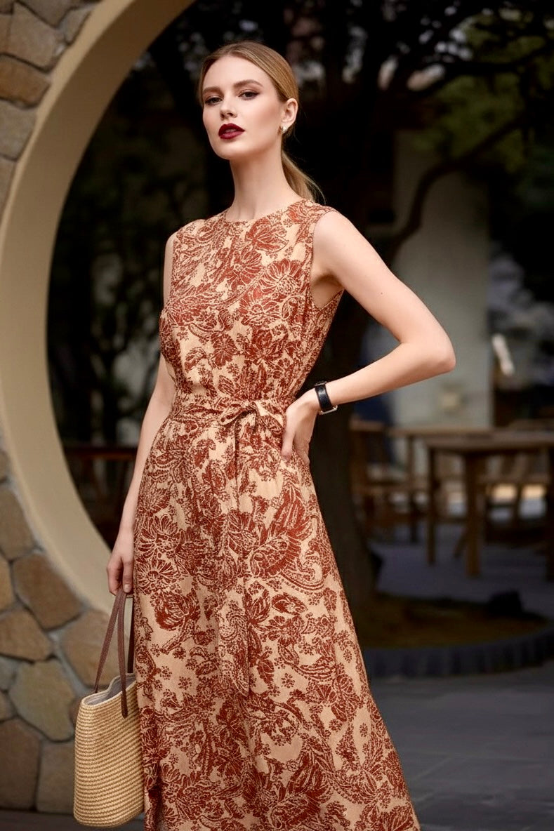 ALYSSA - Terracotta Paisley Silk Midi Dress for Women