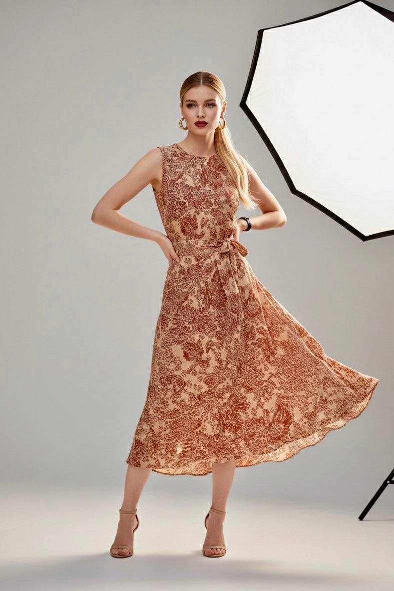 ALYSSA - Terracotta Paisley Silk Midi Dress for Women