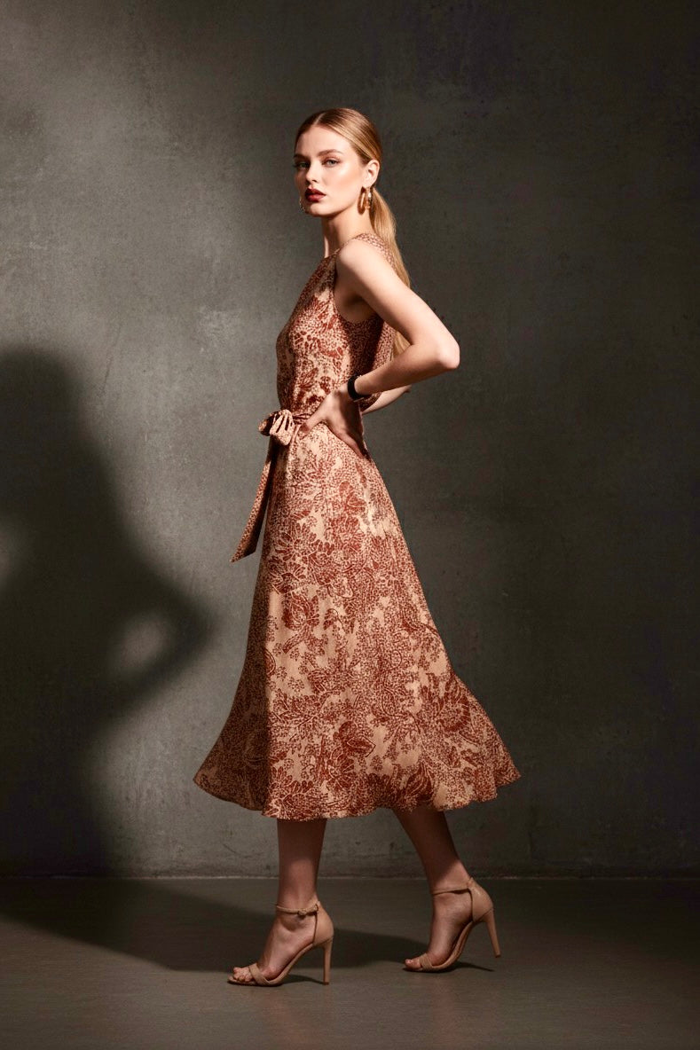 ALYSSA - Terracotta Paisley Silk Midi Dress for Women