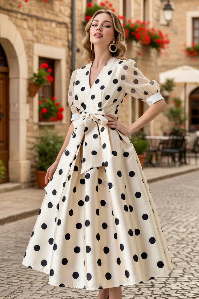 CALLIE - Polka Dot Silk Midi Dress