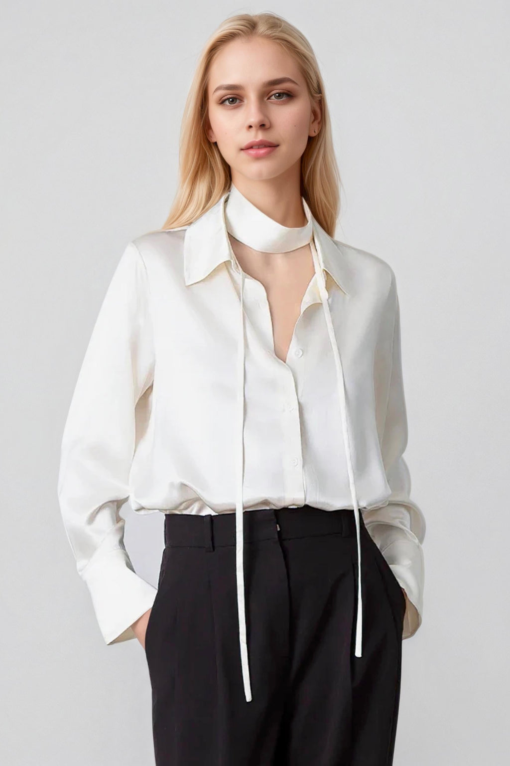 LUCIA – Elegant Tie-Neck Silk Blouse
