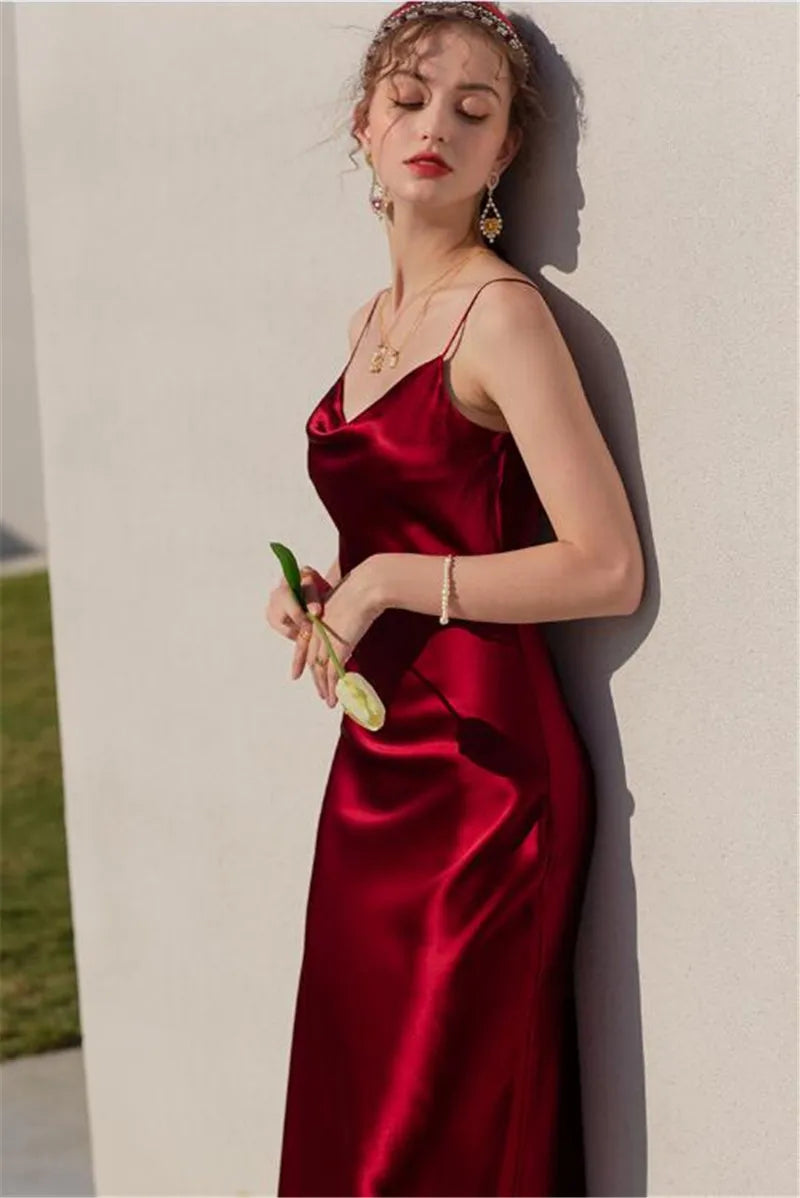 Sexy Spaghetti Strap Burgundy Vintage Artificial Silk Party Dresses Summer Women Satin Slip Dress Femme Long Robe Vestidos