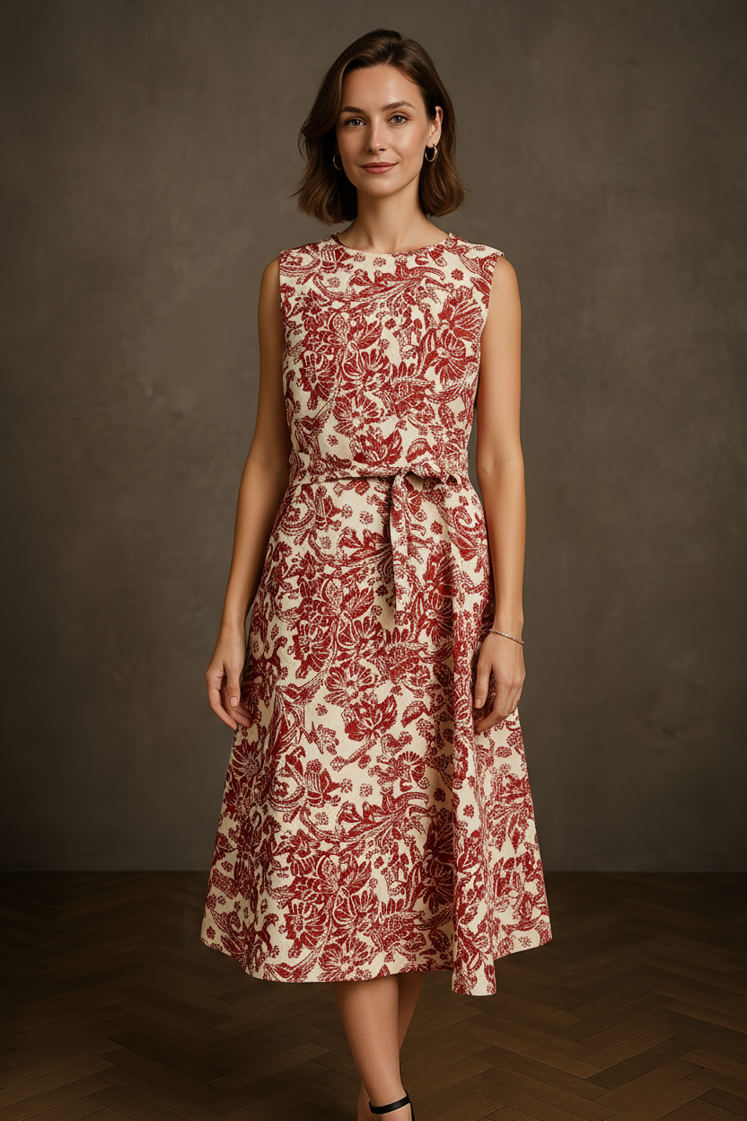 ALYSSA - Terracotta Paisley Silk Midi Dress for Women
