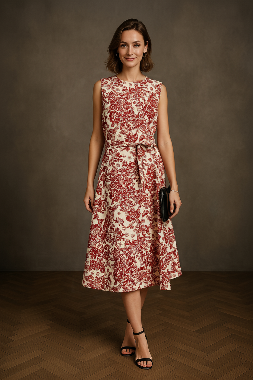 ALYSSA - Terracotta Paisley Silk Midi Dress for Women